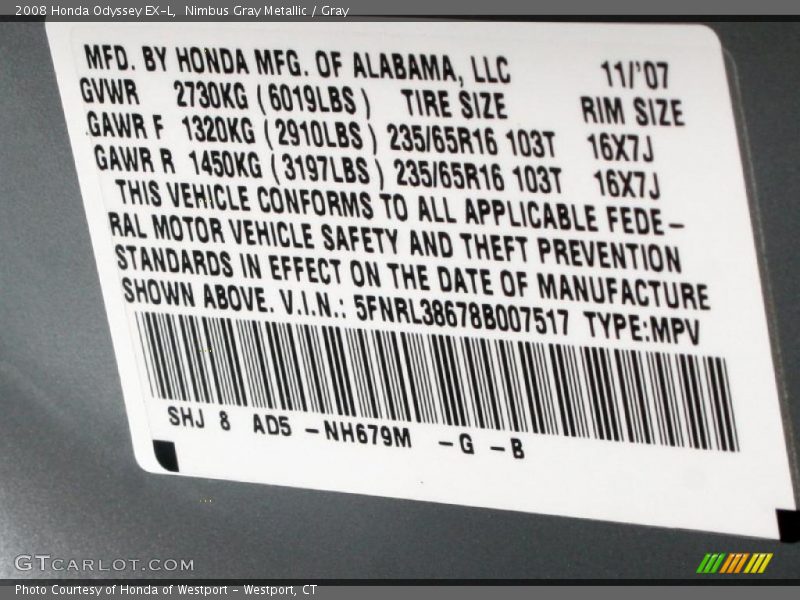 Nimbus Gray Metallic / Gray 2008 Honda Odyssey EX-L