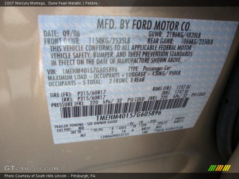 Dune Pearl Metallic / Pebble 2007 Mercury Montego