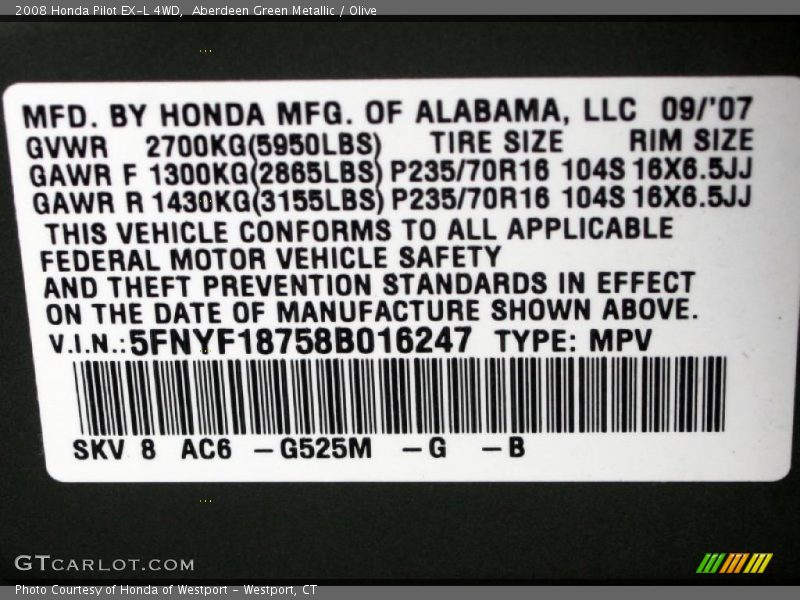 Aberdeen Green Metallic / Olive 2008 Honda Pilot EX-L 4WD
