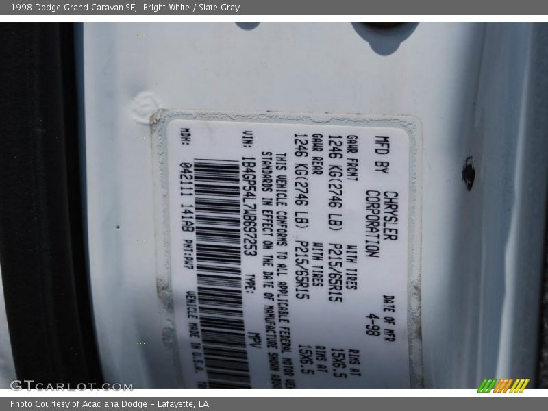 Bright White / Slate Gray 1998 Dodge Grand Caravan SE