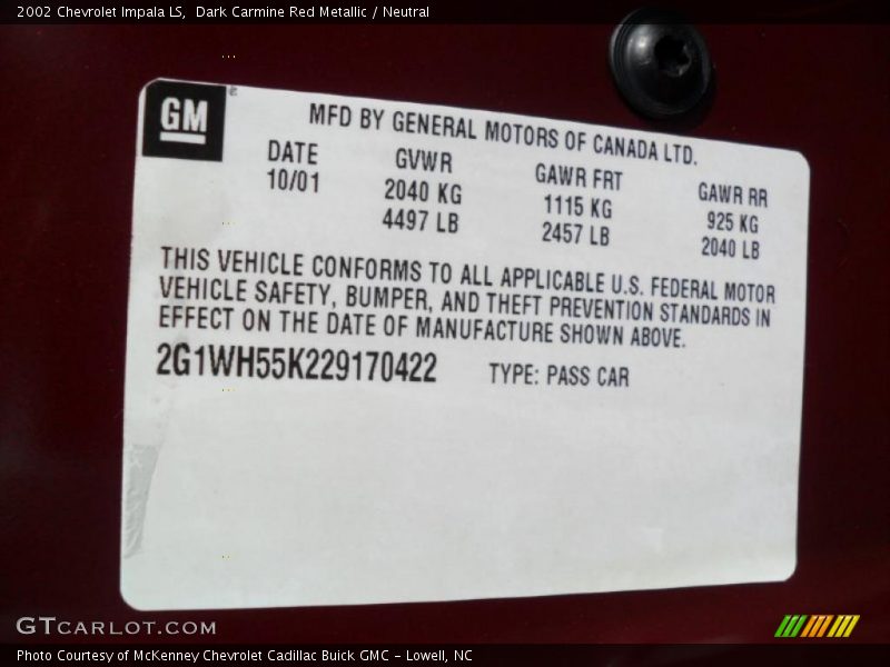 Dark Carmine Red Metallic / Neutral 2002 Chevrolet Impala LS