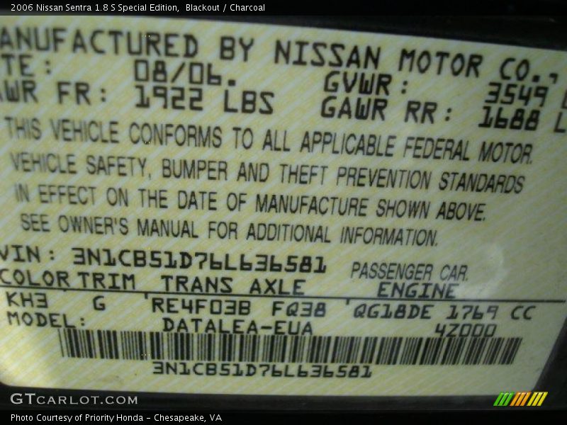 Blackout / Charcoal 2006 Nissan Sentra 1.8 S Special Edition