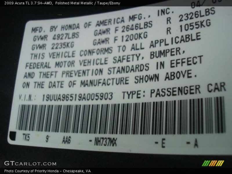 Polished Metal Metallic / Taupe/Ebony 2009 Acura TL 3.7 SH-AWD