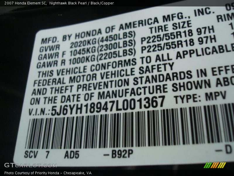 Nighthawk Black Pearl / Black/Copper 2007 Honda Element SC