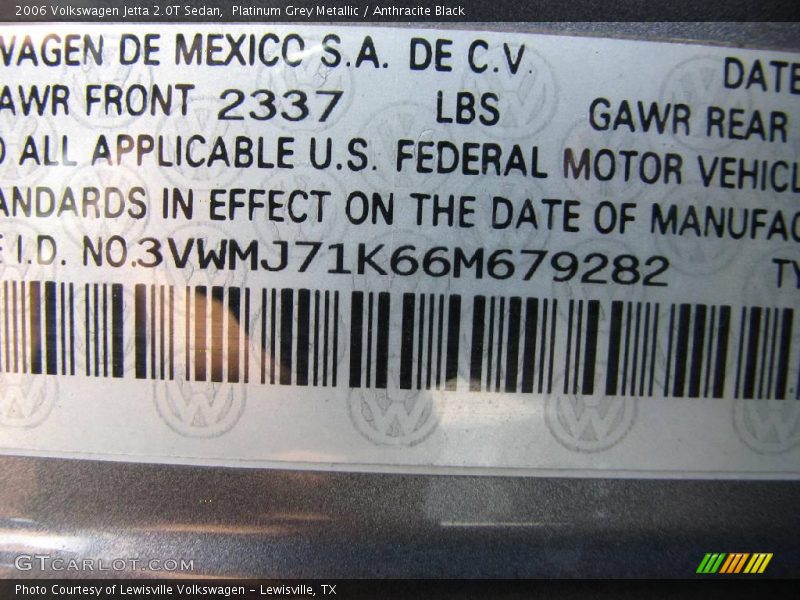 Platinum Grey Metallic / Anthracite Black 2006 Volkswagen Jetta 2.0T Sedan