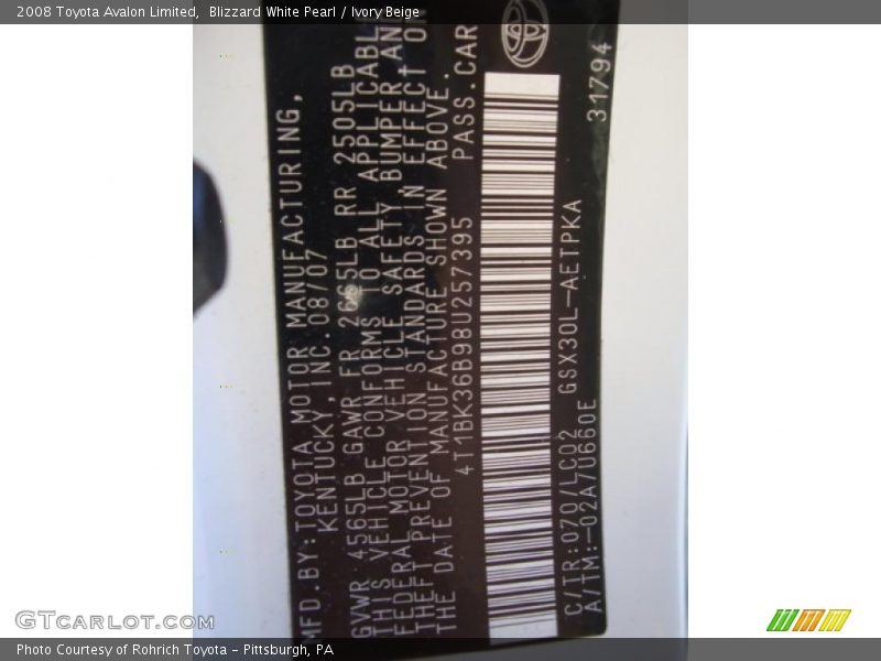 Blizzard White Pearl / Ivory Beige 2008 Toyota Avalon Limited