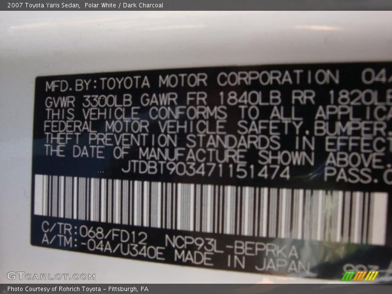 Polar White / Dark Charcoal 2007 Toyota Yaris Sedan