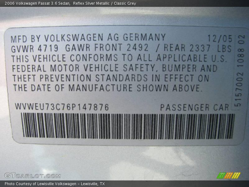 Reflex Silver Metallic / Classic Grey 2006 Volkswagen Passat 3.6 Sedan