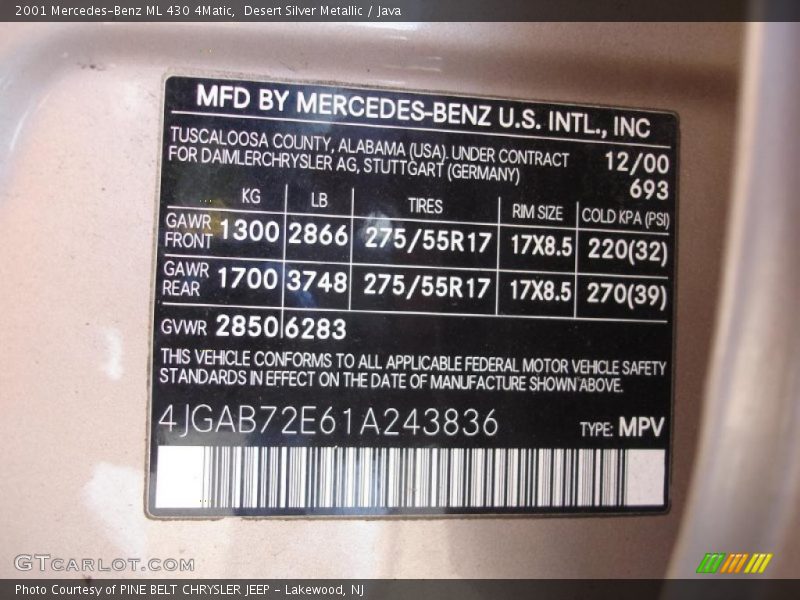 Desert Silver Metallic / Java 2001 Mercedes-Benz ML 430 4Matic