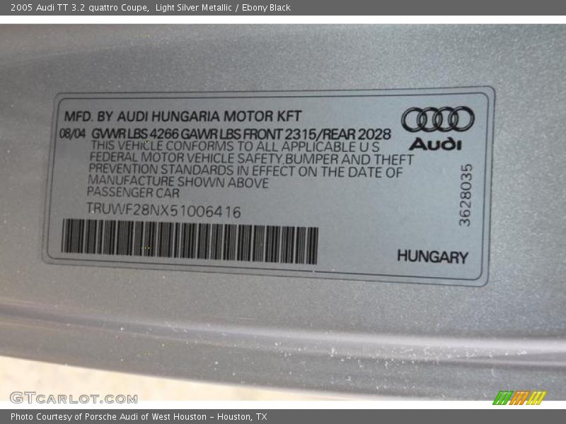 Light Silver Metallic / Ebony Black 2005 Audi TT 3.2 quattro Coupe