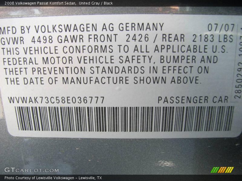 United Gray / Black 2008 Volkswagen Passat Komfort Sedan