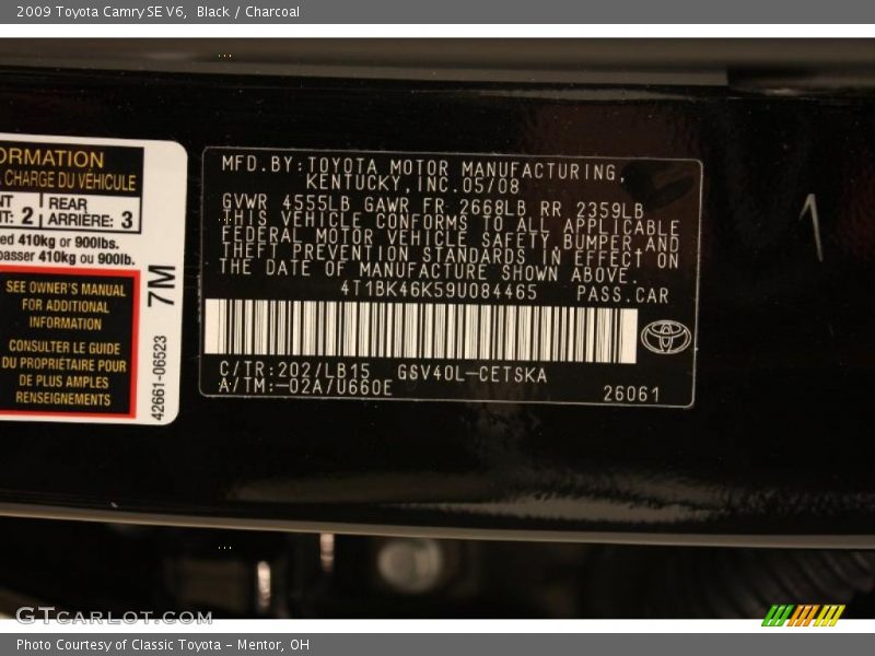 Black / Charcoal 2009 Toyota Camry SE V6