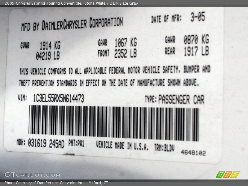 Stone White / Dark Slate Gray 2005 Chrysler Sebring Touring Convertible