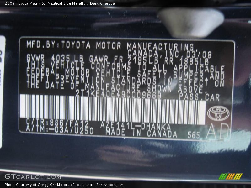 Nautical Blue Metallic / Dark Charcoal 2009 Toyota Matrix S