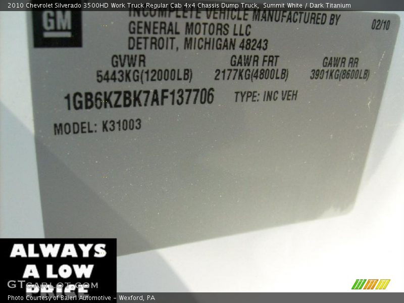 Summit White / Dark Titanium 2010 Chevrolet Silverado 3500HD Work Truck Regular Cab 4x4 Chassis Dump Truck