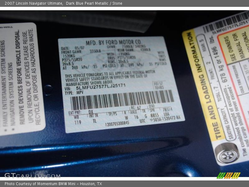 2007 Navigator Ultimate Dark Blue Pearl Metallic Color Code DX