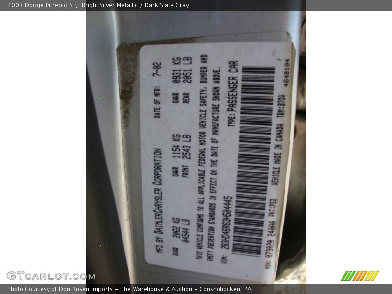 Bright Silver Metallic / Dark Slate Gray 2003 Dodge Intrepid SE