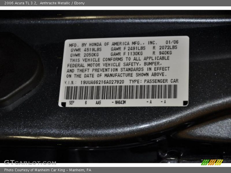 Anthracite Metallic / Ebony 2006 Acura TL 3.2
