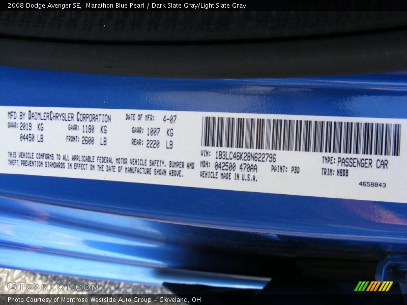 Marathon Blue Pearl / Dark Slate Gray/Light Slate Gray 2008 Dodge Avenger SE