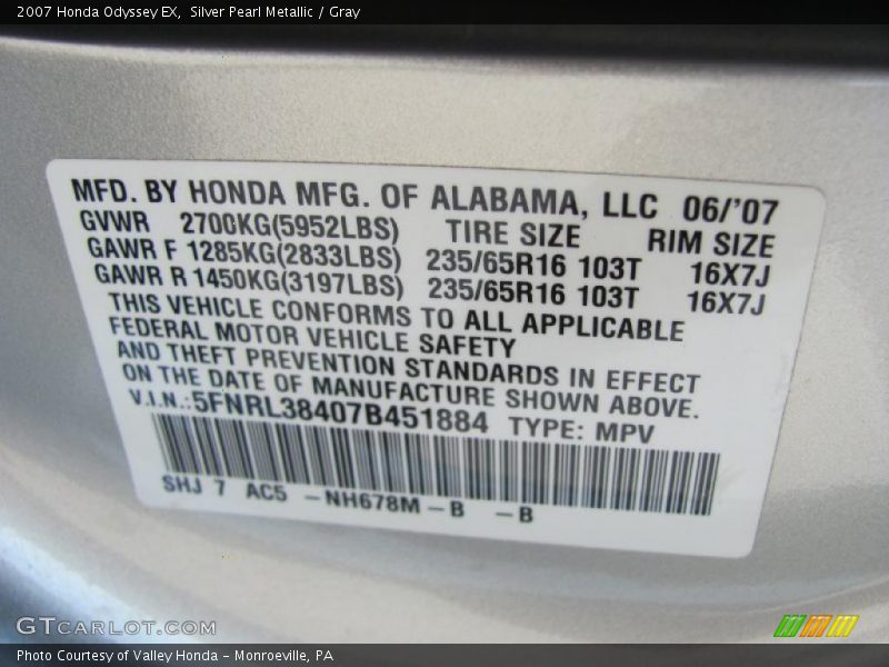 Silver Pearl Metallic / Gray 2007 Honda Odyssey EX