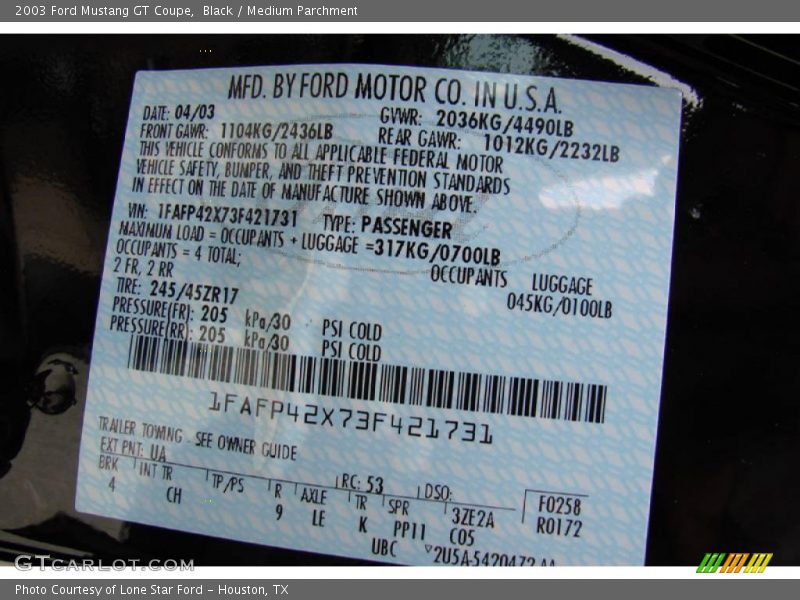 Black / Medium Parchment 2003 Ford Mustang GT Coupe