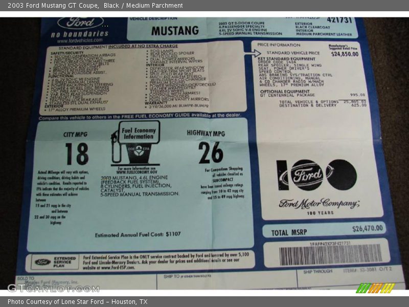Black / Medium Parchment 2003 Ford Mustang GT Coupe