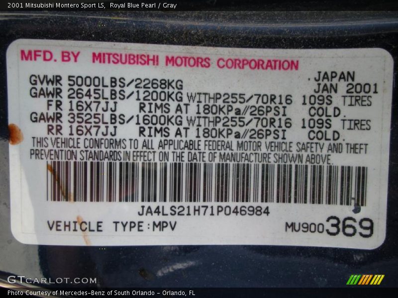 Royal Blue Pearl / Gray 2001 Mitsubishi Montero Sport LS