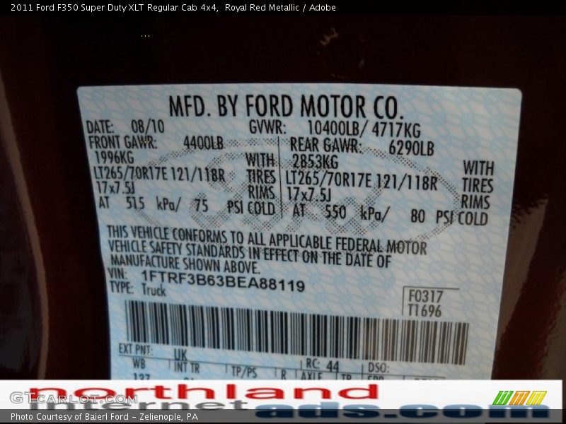 Royal Red Metallic / Adobe 2011 Ford F350 Super Duty XLT Regular Cab 4x4