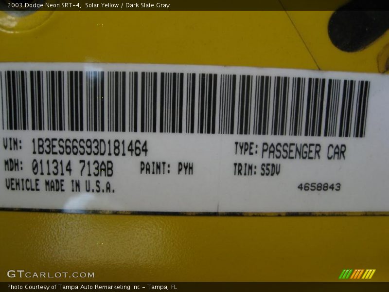 Solar Yellow / Dark Slate Gray 2003 Dodge Neon SRT-4