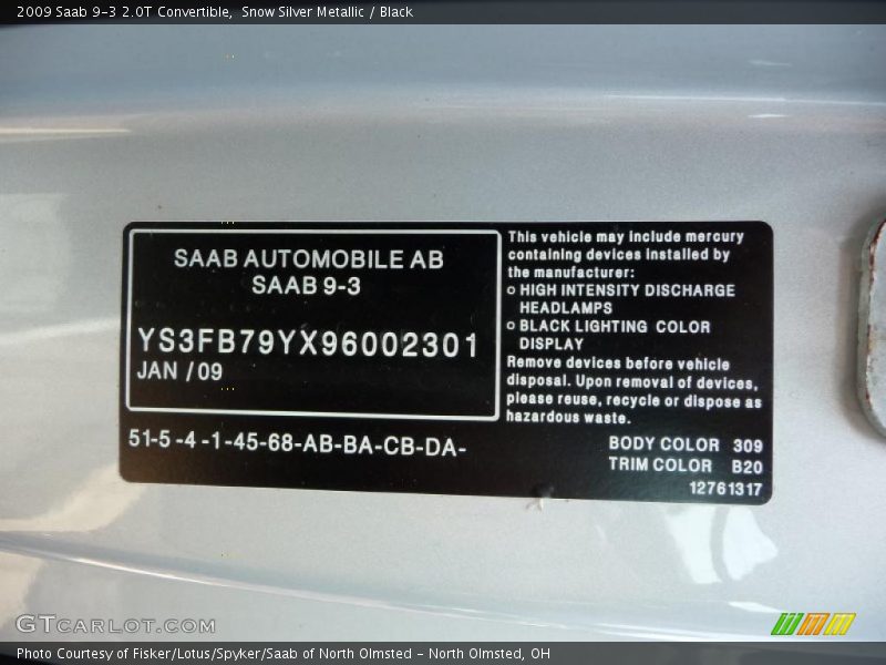 Snow Silver Metallic / Black 2009 Saab 9-3 2.0T Convertible