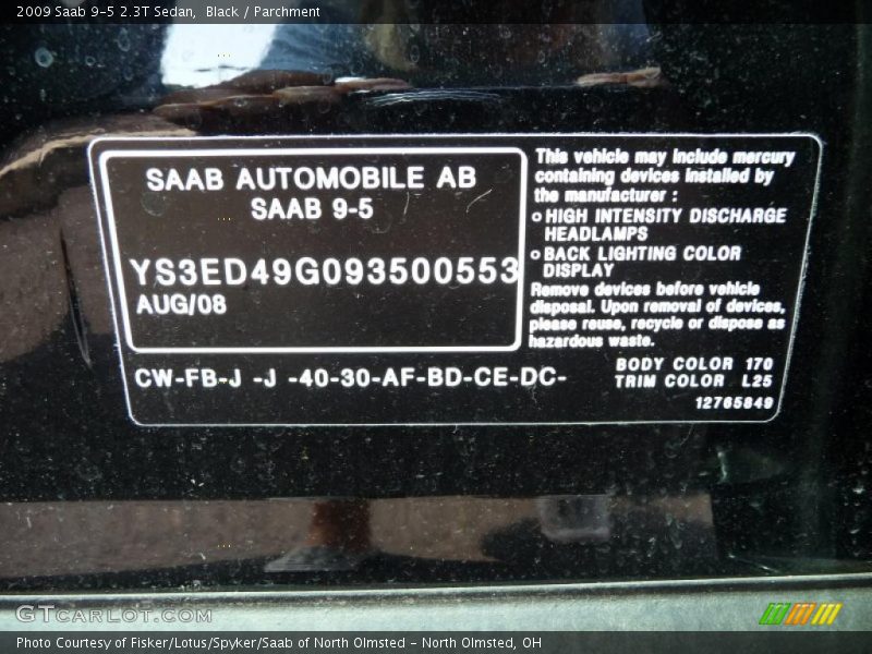 Black / Parchment 2009 Saab 9-5 2.3T Sedan