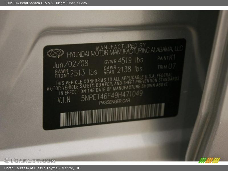 Bright Silver / Gray 2009 Hyundai Sonata GLS V6