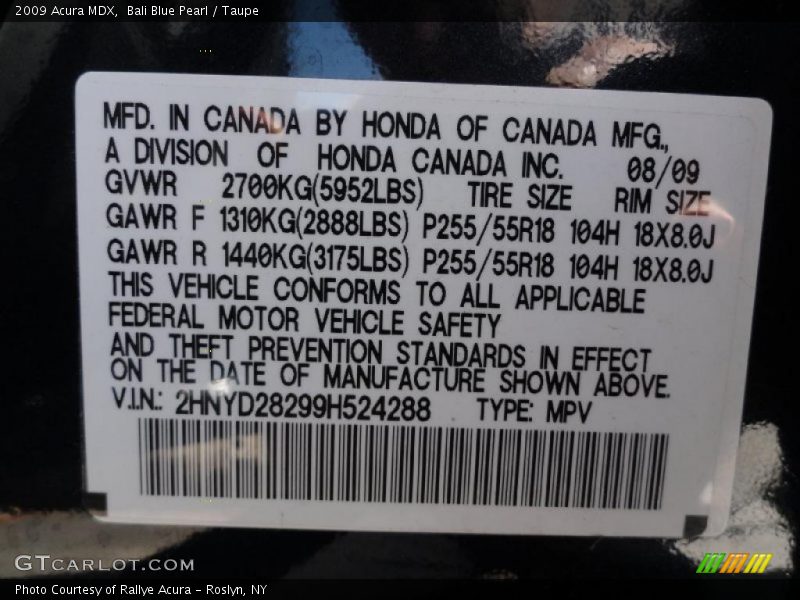 Bali Blue Pearl / Taupe 2009 Acura MDX