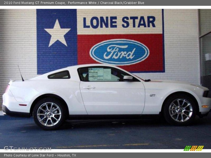 Performance White / Charcoal Black/Grabber Blue 2010 Ford Mustang GT Premium Coupe