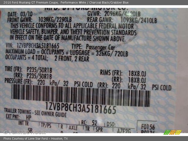 Performance White / Charcoal Black/Grabber Blue 2010 Ford Mustang GT Premium Coupe