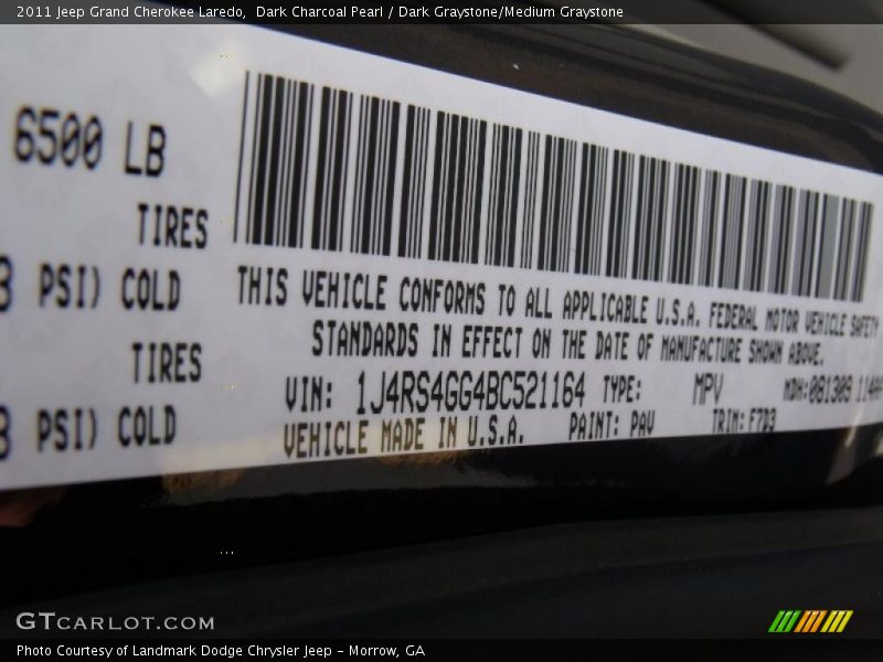 Dark Charcoal Pearl / Dark Graystone/Medium Graystone 2011 Jeep Grand Cherokee Laredo