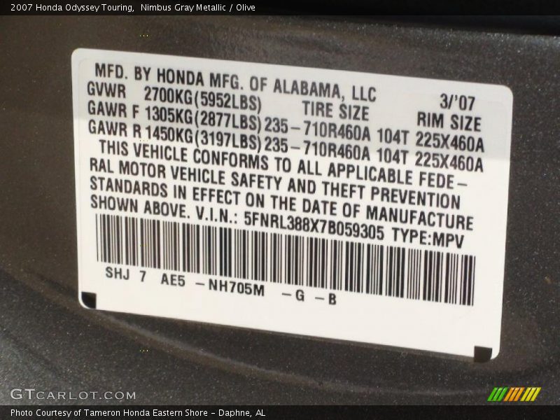 Nimbus Gray Metallic / Olive 2007 Honda Odyssey Touring