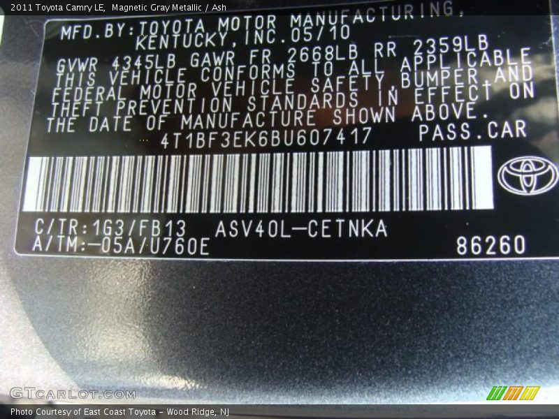 Magnetic Gray Metallic / Ash 2011 Toyota Camry LE