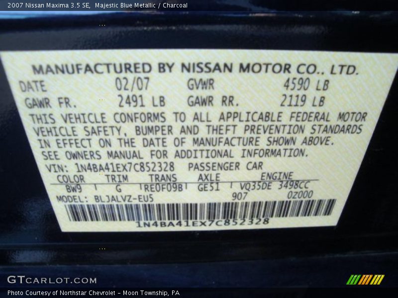Majestic Blue Metallic / Charcoal 2007 Nissan Maxima 3.5 SE