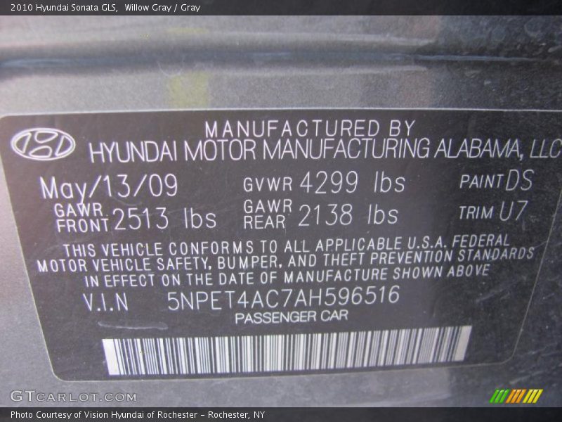 Willow Gray / Gray 2010 Hyundai Sonata GLS
