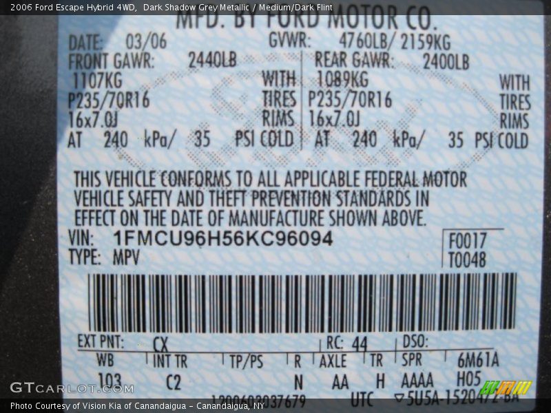 Dark Shadow Grey Metallic / Medium/Dark Flint 2006 Ford Escape Hybrid 4WD