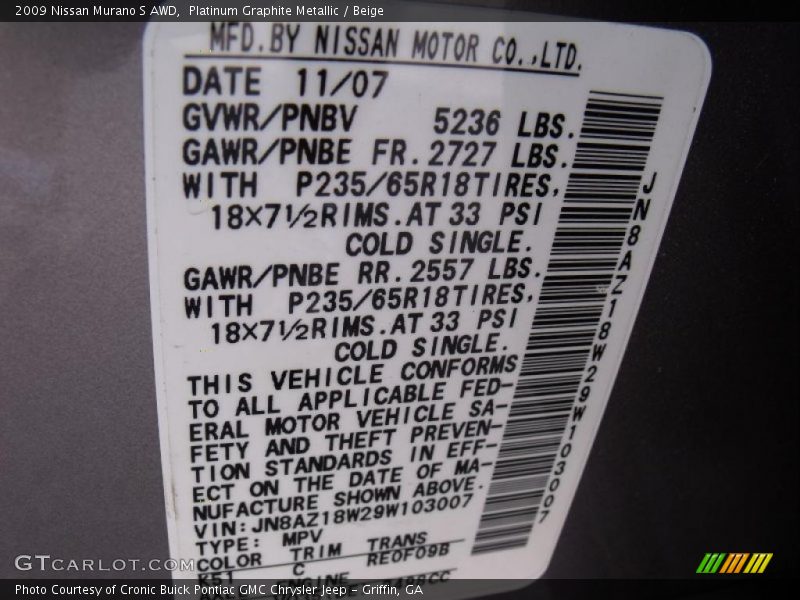 Platinum Graphite Metallic / Beige 2009 Nissan Murano S AWD