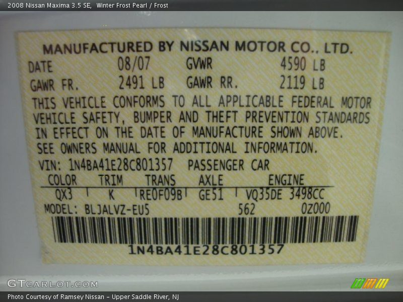 Winter Frost Pearl / Frost 2008 Nissan Maxima 3.5 SE