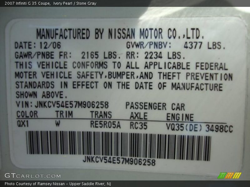 Ivory Pearl / Stone Gray 2007 Infiniti G 35 Coupe