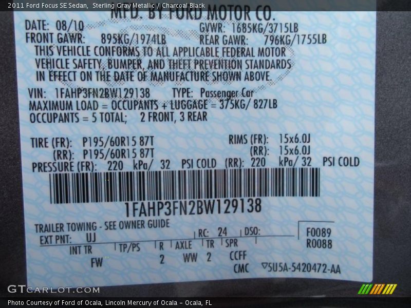 Sterling Gray Metallic / Charcoal Black 2011 Ford Focus SE Sedan