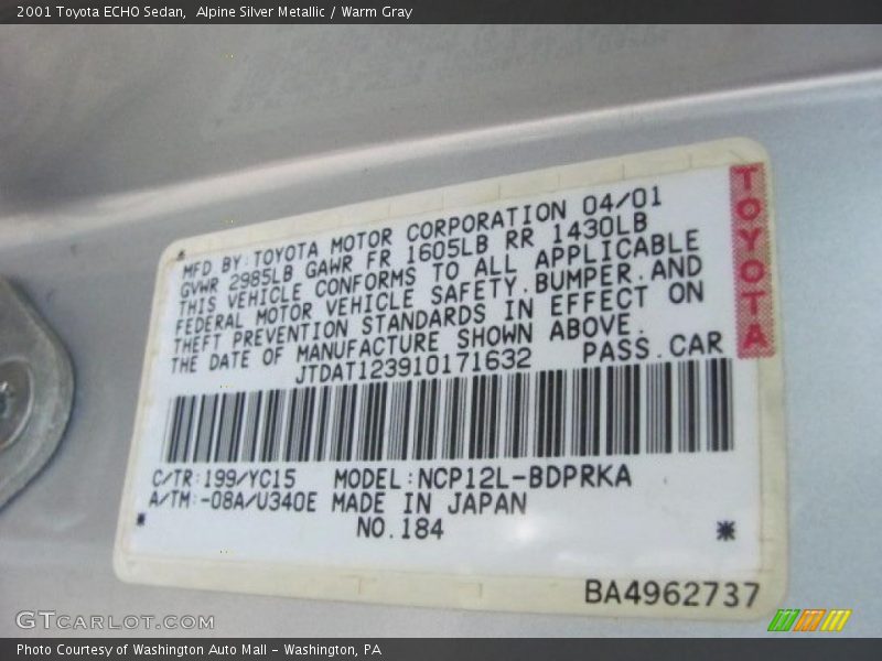 Alpine Silver Metallic / Warm Gray 2001 Toyota ECHO Sedan