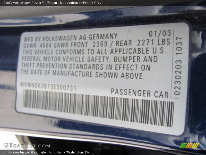 Blue Anthracite Pearl / Grey 2003 Volkswagen Passat GL Wagon