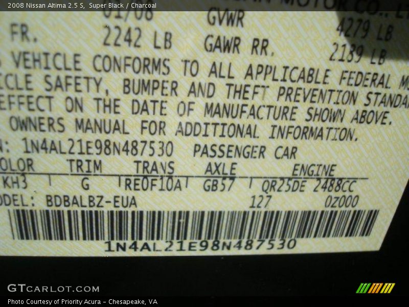 Super Black / Charcoal 2008 Nissan Altima 2.5 S