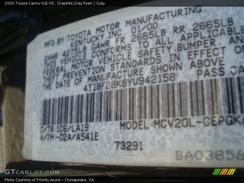 Graphite Gray Pearl / Gray 2000 Toyota Camry XLE V6
