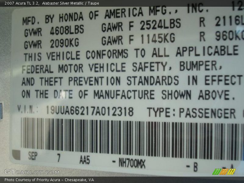 Alabaster Silver Metallic / Taupe 2007 Acura TL 3.2